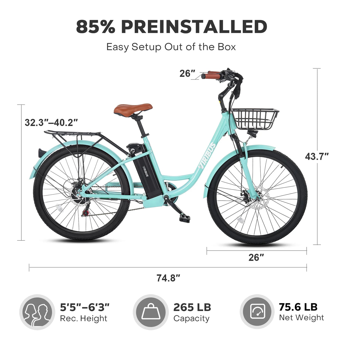 Viribus 26 Inch Electric Cruiser Bike for Women 7 Speed Aluminum Frame Front Suspension Double Disc Brakes