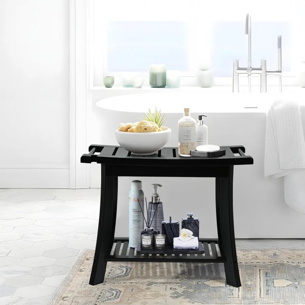 Black Bamboo Shower Bench With Storage Shelf For Indoor Shower Spa Bathroom Stool For Adults