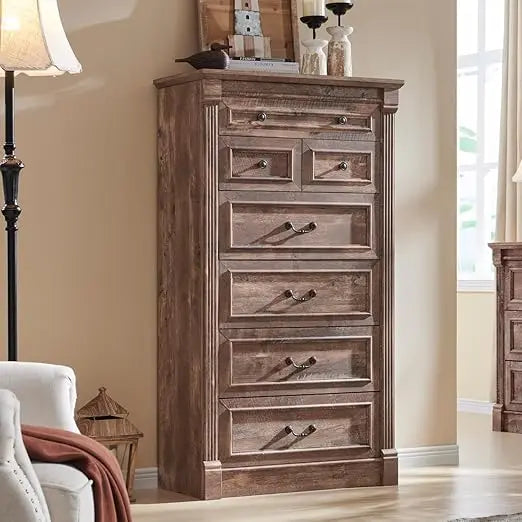 Farmhouse 7 Drawer Dresser 57 Inch Tall Bedroom Roman Column