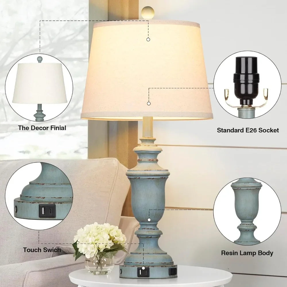 Coastal Table Lamps 2 Pack With USB Ports 3 Way Dimmable
