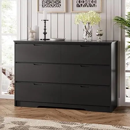 6 Drawer Black Dresser For Bedroom With Hidden Handles Modern Wood Design