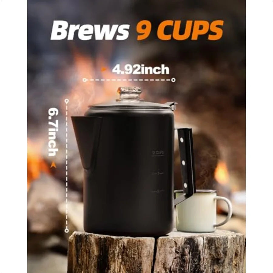 Stainless Steel 9 Cup Coffee Percolator For Stovetop Camping Black Outdoor Home Use No Aluminum Or Plastic