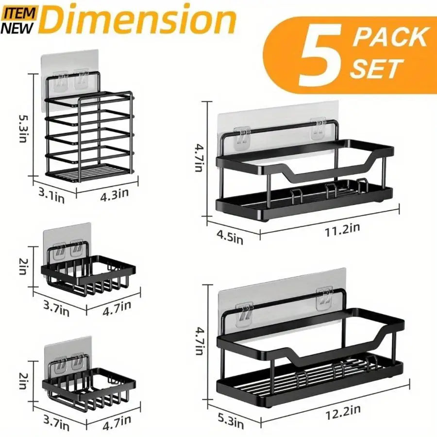 5 Pack Adhesive Shower Caddy Set No Drilling Rustproof Stainless Steel For Bathroom And Kitchen Storage