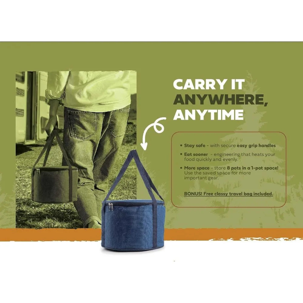 Camping Cookware Set 304 Stainless Steel 8 Piece Pot And Pan With Travel Tote