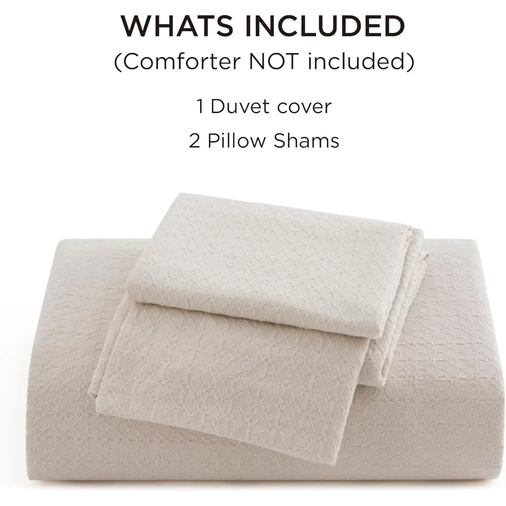 Cotton King Size Duvet Cover - Waffle Weave Boho Rhombus Pattern, Soft and Breathable Jacquard Bedding