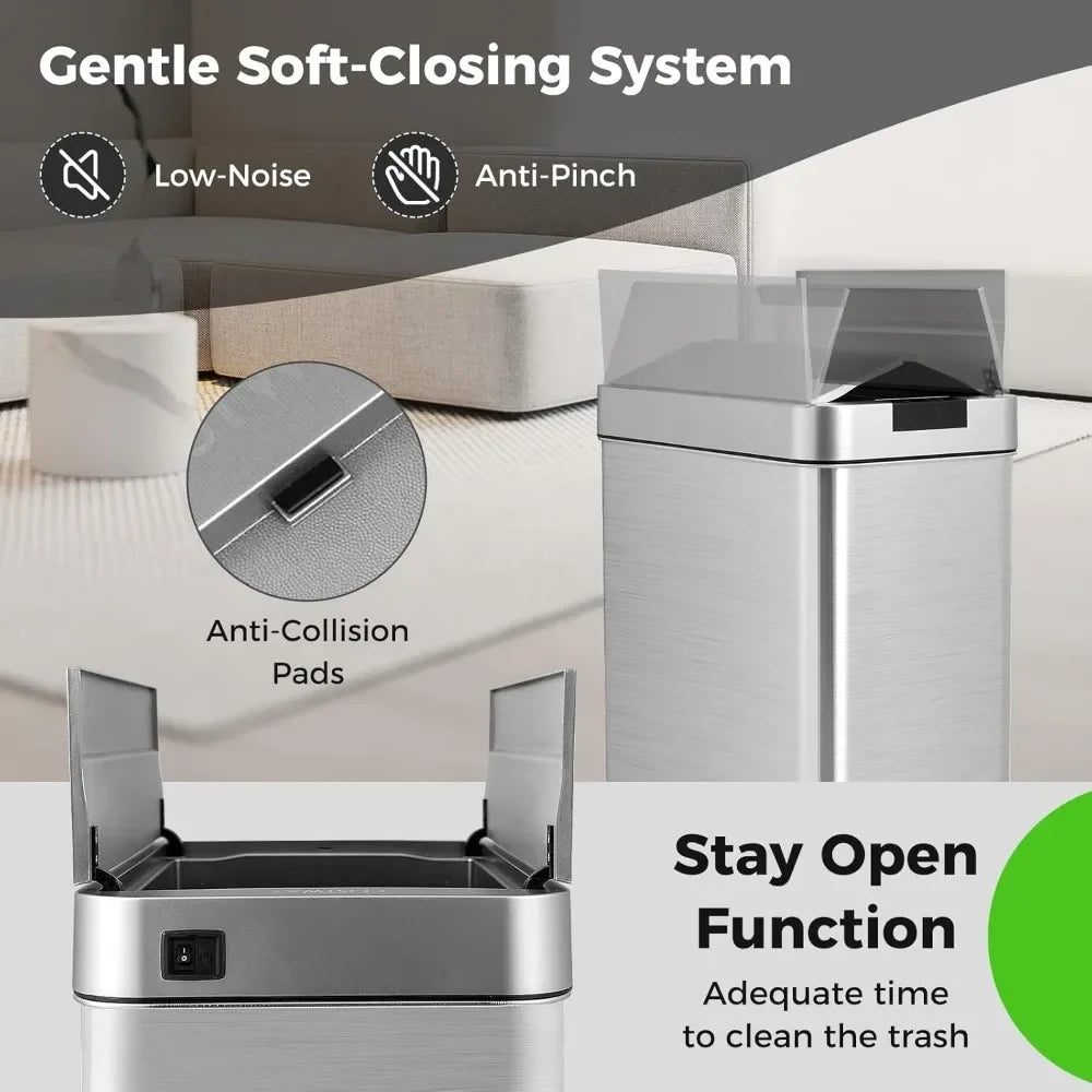 Slim Kitchen Trash Can With Wing Lids 13.2 Gal Automatic Sensor Stainless Steel