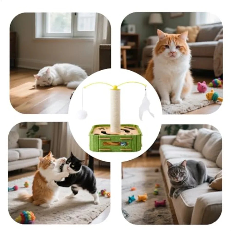 Interactive Cat Puzzle Toy Scratching Post With Spinning Balls For Indoor Cats