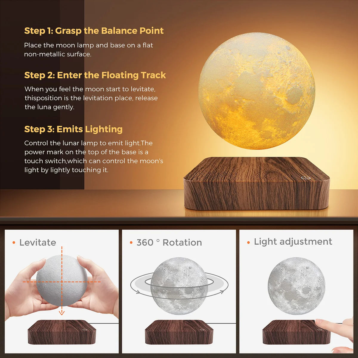 Levitating Moon Lamp Magnetic Floating Nightlight 3 Modes