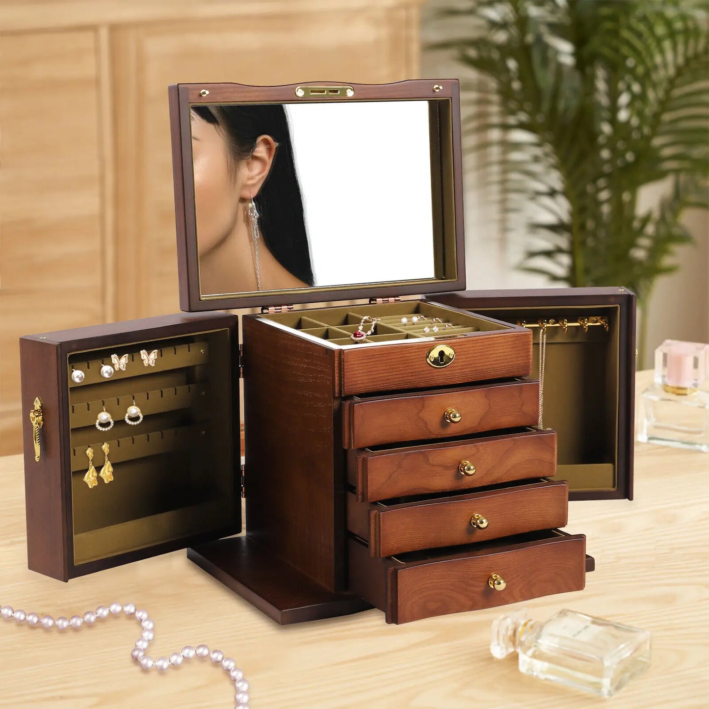 Five Layer Wooden Jewelry Box With Mirror Four Drawers