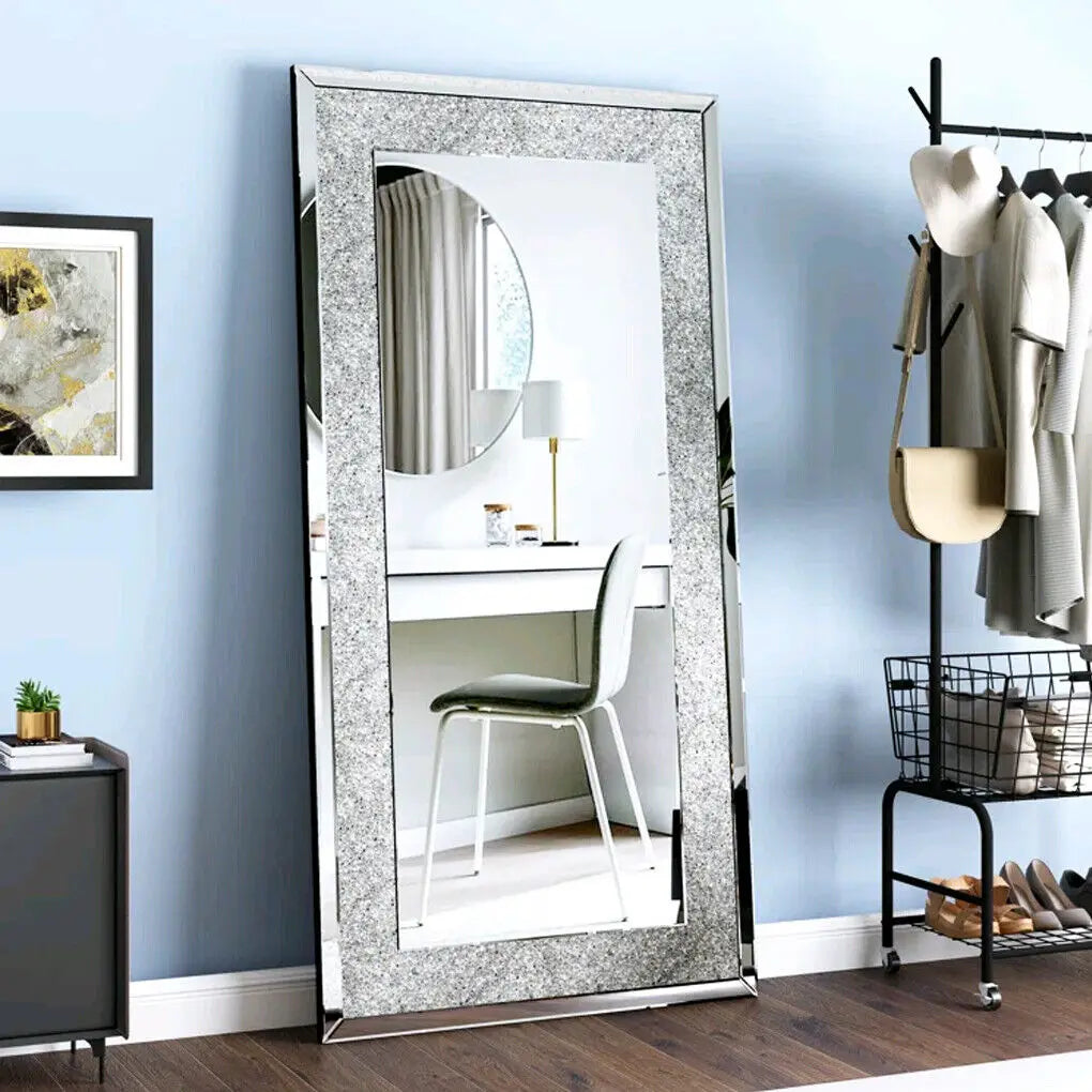 LUVODI Frameless Silver Vanity Mirror With Rhinestones