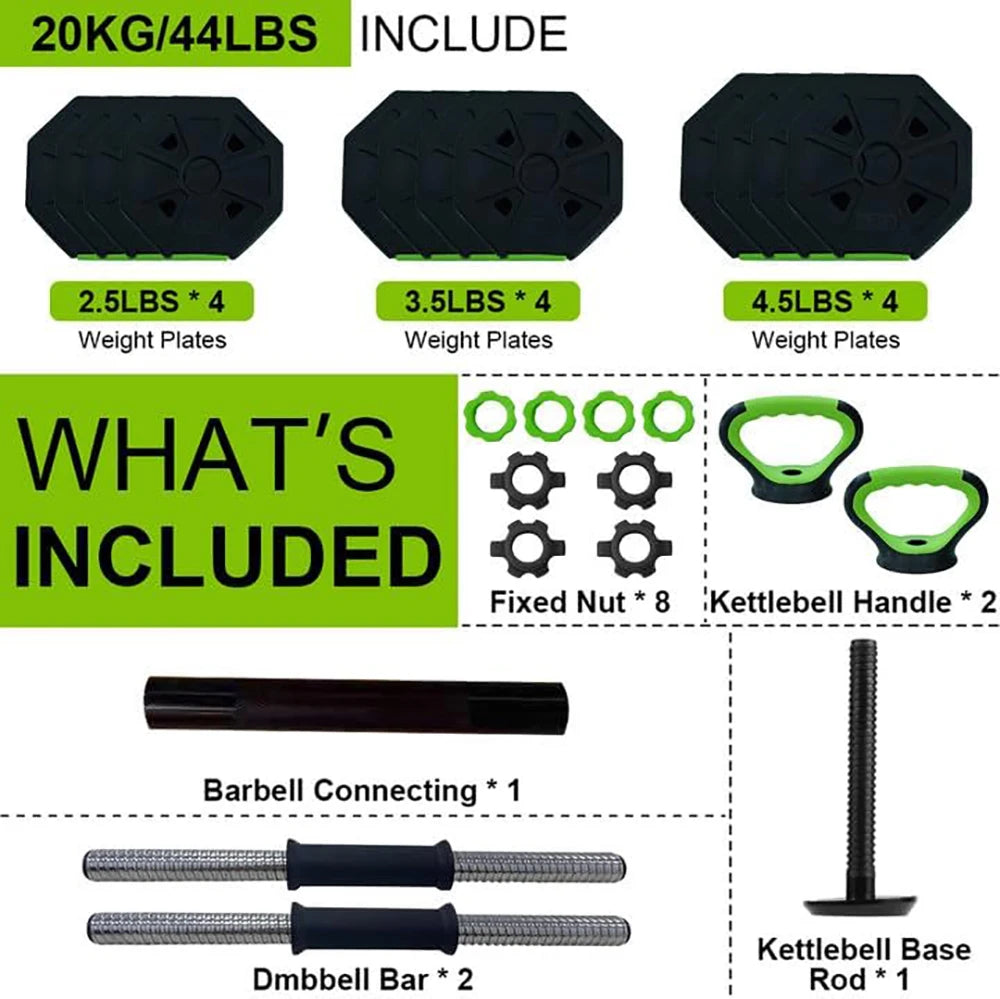 4 In 1 Adjustable Dumbbell Set 44 Lbs Kettlebell Barbell