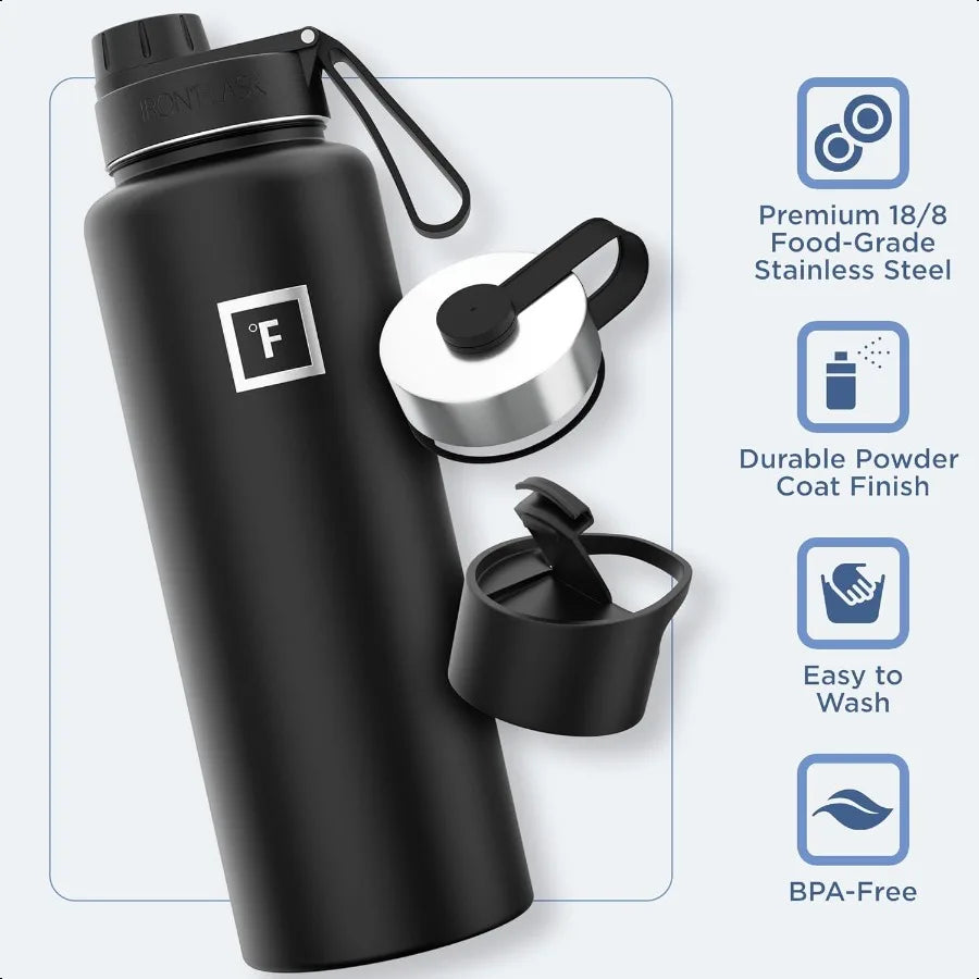 Stainl Steel Water Bottle Hydration Flask 40 oz Midnight Black with 3 Lids