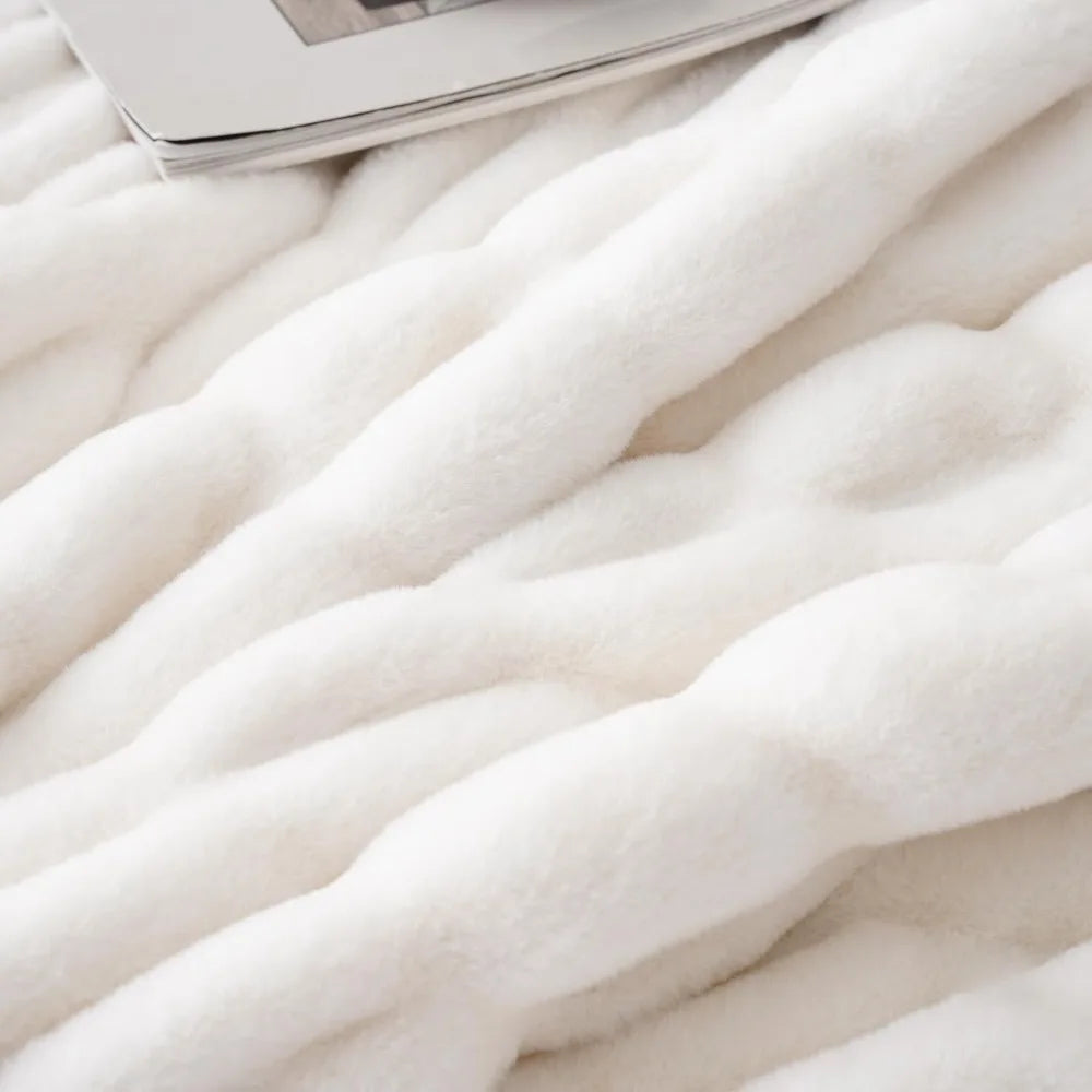 Ivory Double Sided Faux Fur Throw Blanket Ruched Rabbit Fur For Couch And Bed