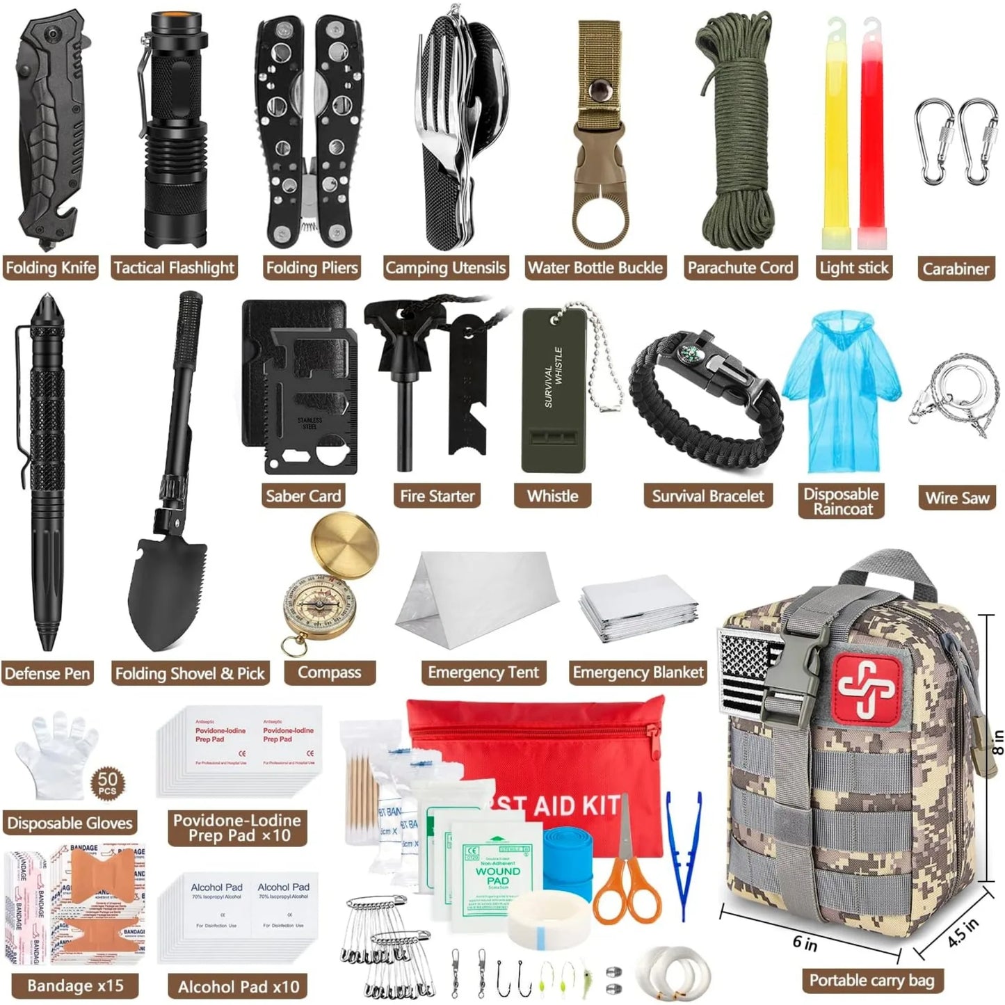238Pcs Emergency Survival Kit With Tactical MOLLE Pouch And Emergency Tent