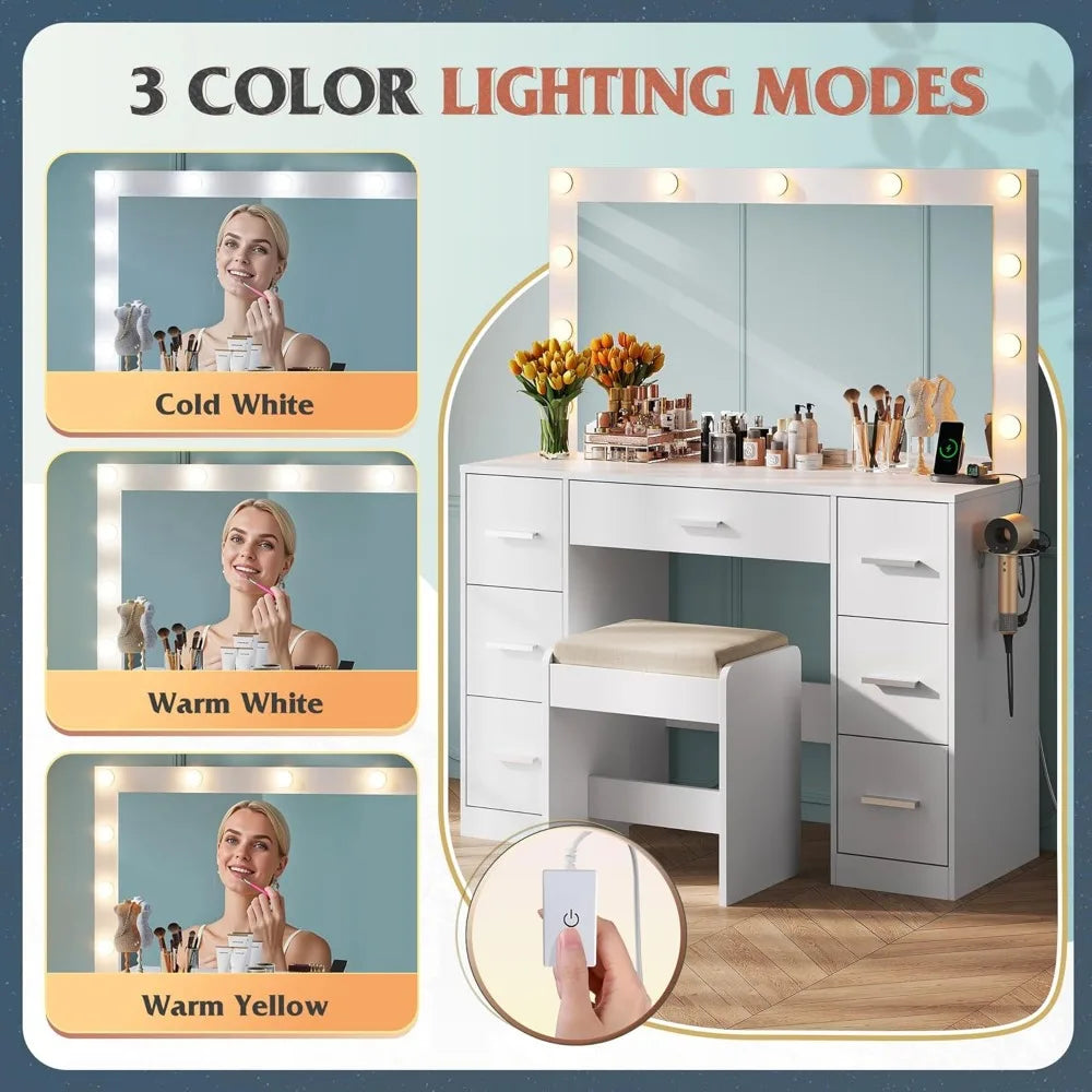 Illuminated White Makeup Vanity Desk With Mirror And Seven Drawer Storage And Power Outlet For Bedroom