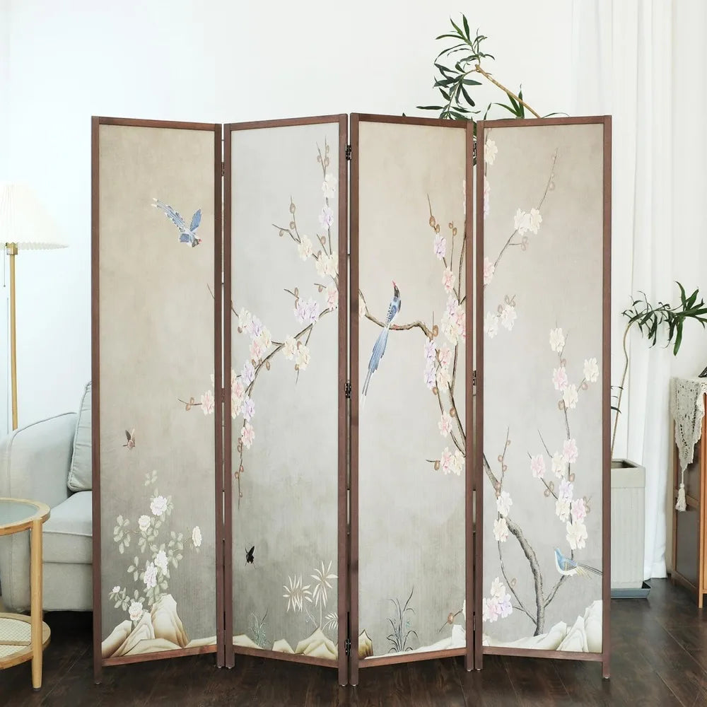 Four Panel Room Divider Screen Plums and Birds Blackout