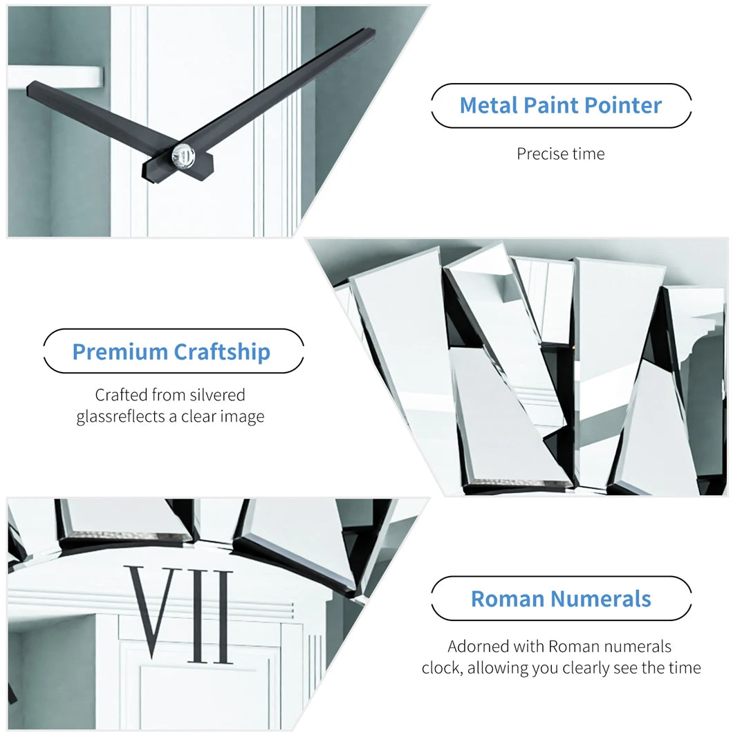 Large Wall Clock 3D Mirrored Sunburst Edge 32 Inch Round Roman Numeral Modern Living Room Dining Room Fireplace Decor