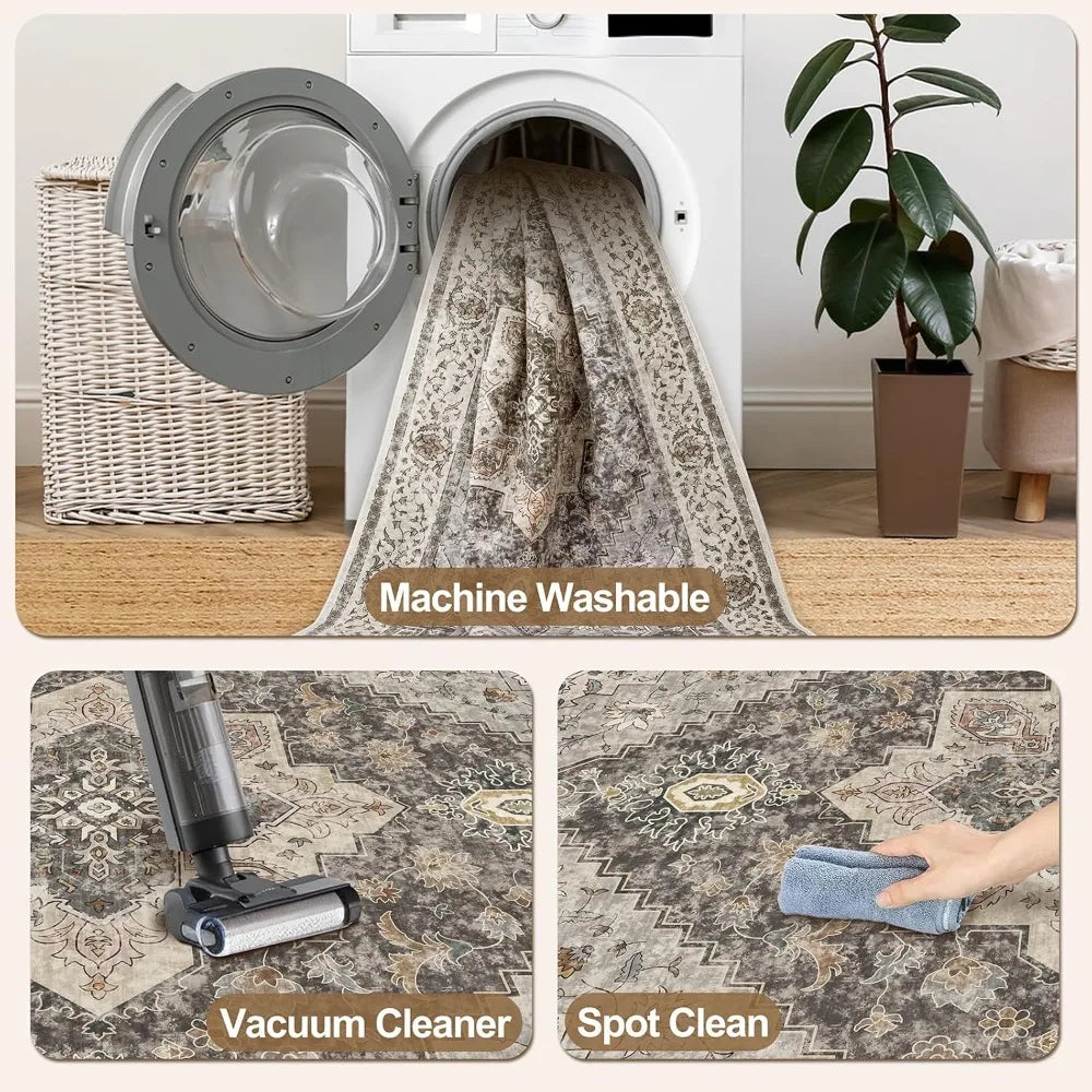 Vintage 8x10 Area Rug For Living Room Washable Indoor Non Slip Distressed Brown Grey Print Design