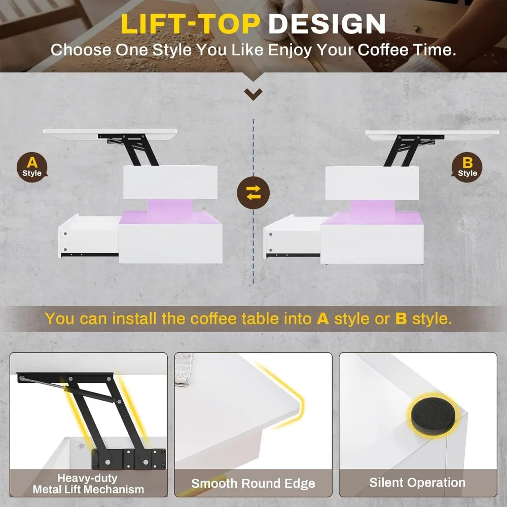 MKDK Lift Top Coffee Table With Storage White 2 Drawers