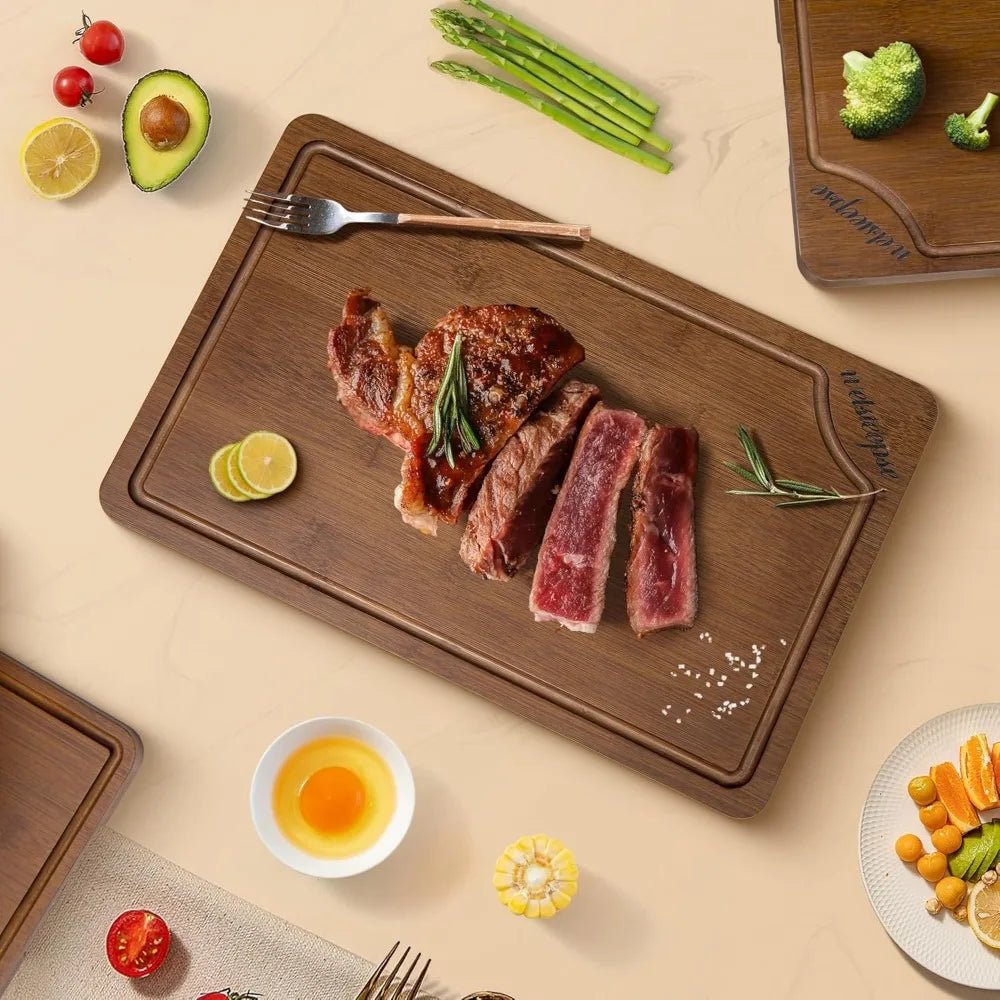 XL Bamboo Cutting Board Set Of 3 With Juice Grooves