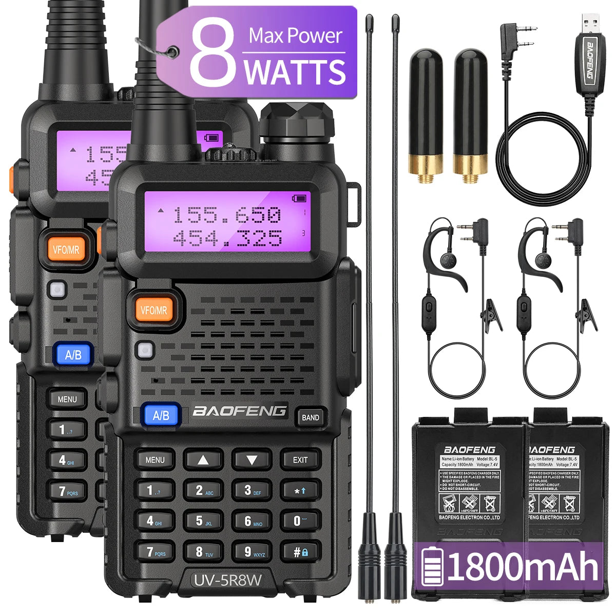Baofeng UV5R 8W Dual Band Walkie Talkie VHF UHF 1800mAh Battery