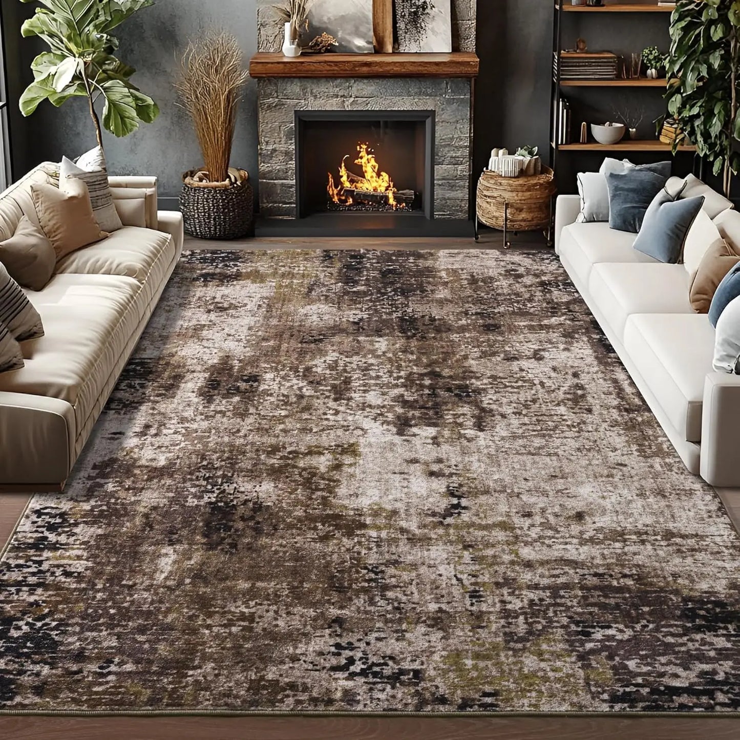 Noahas Living Room Area Rug Boho Modern Abstract Large Non Slip Machine Washable Low Pile Polyester Carpet