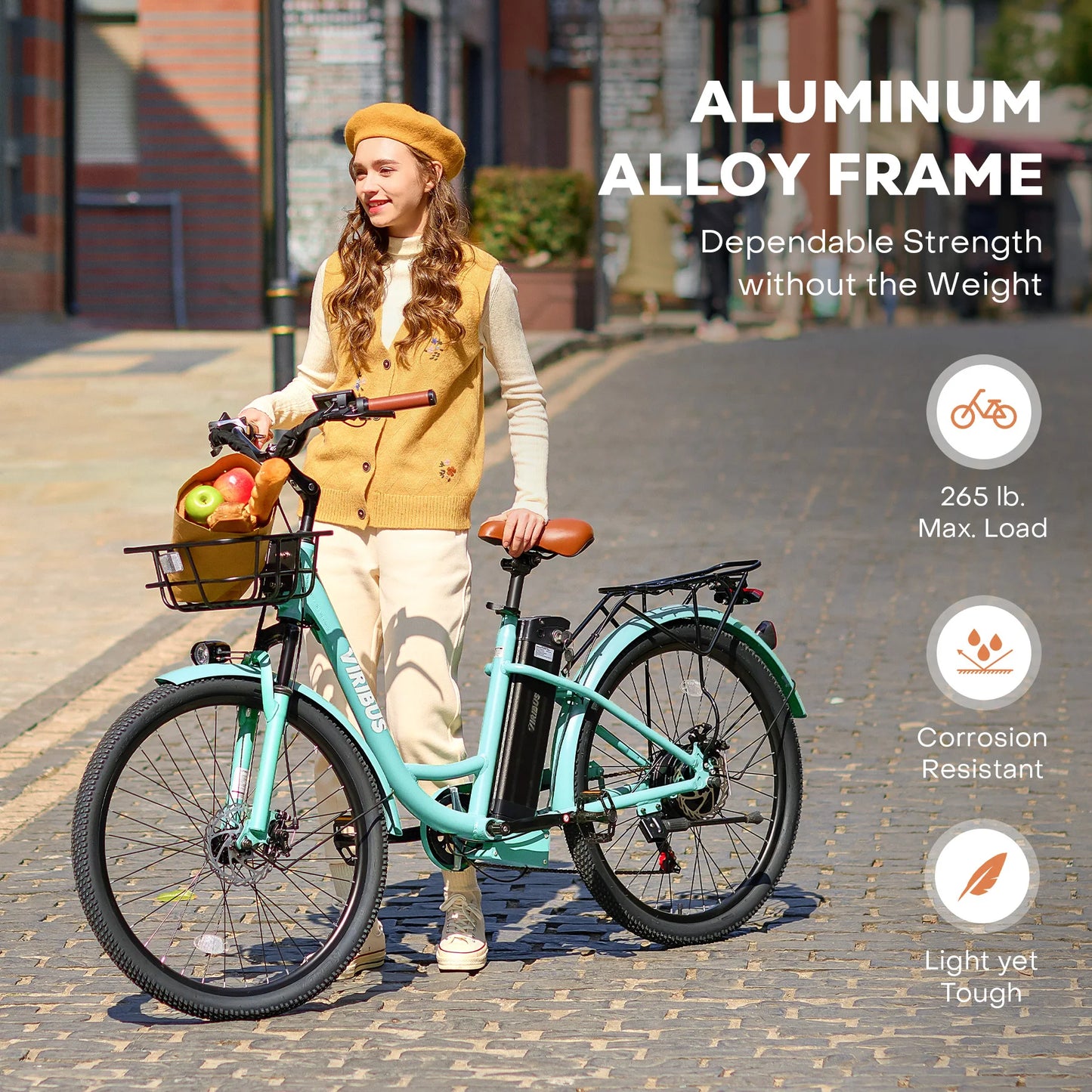 Viribus 26 Inch Electric Cruiser Bike for Women 7 Speed Aluminum Frame Front Suspension Double Disc Brakes