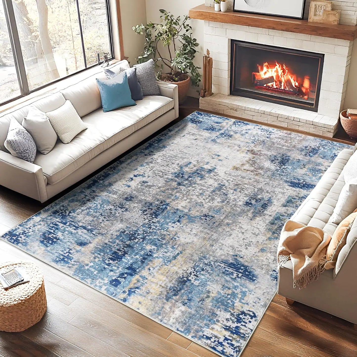 Noahas Living Room Area Rug Boho Modern Abstract Large Non Slip Machine Washable Low Pile Polyester Carpet