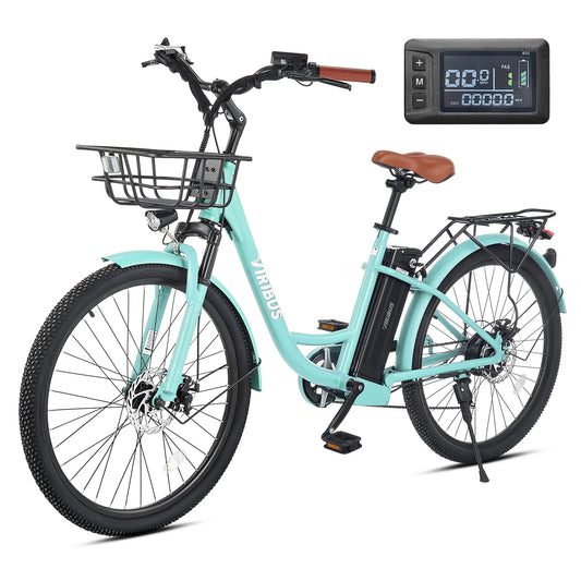 Viribus 26 Inch Electric Cruiser Bike for Women 7 Speed Aluminum Frame Front Suspension Double Disc Brakes