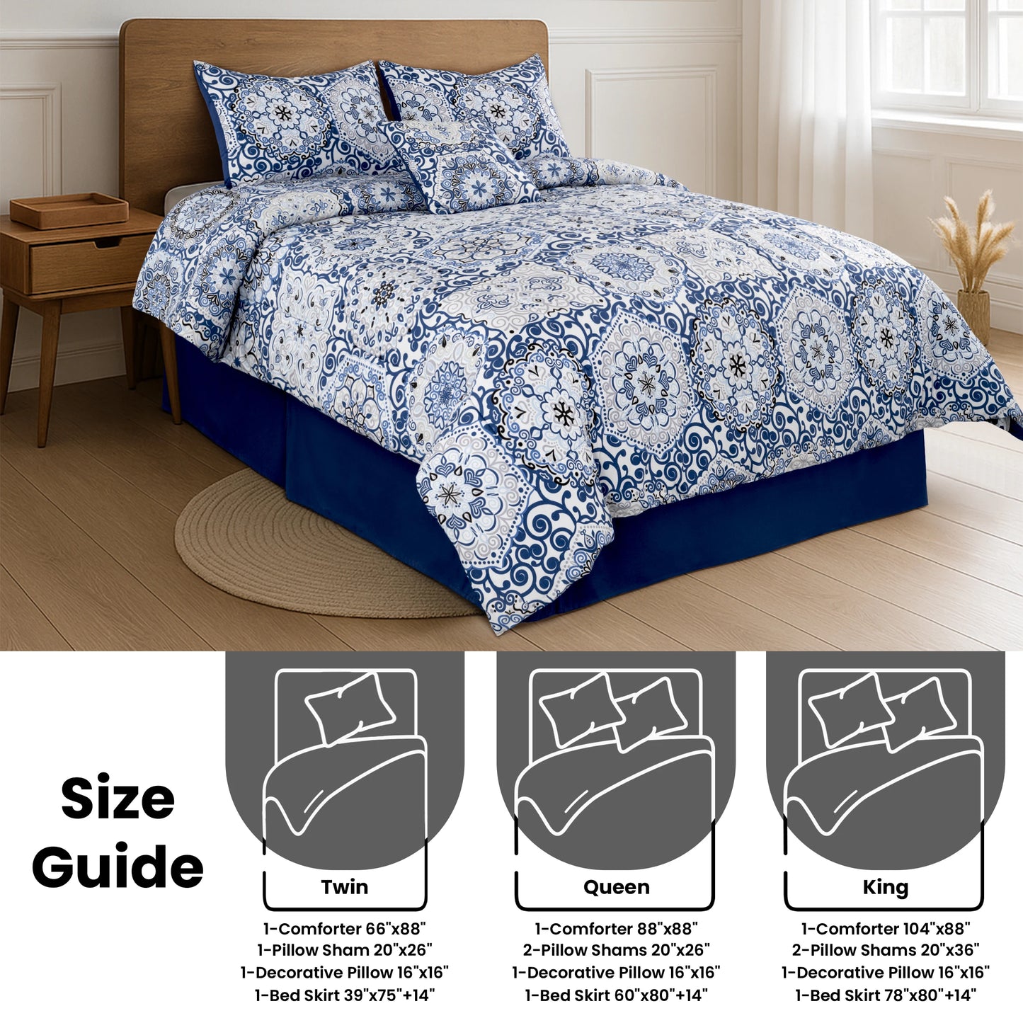Lux Decor 5 Piece Reversible Comforter Set King Size All Season Bedding
