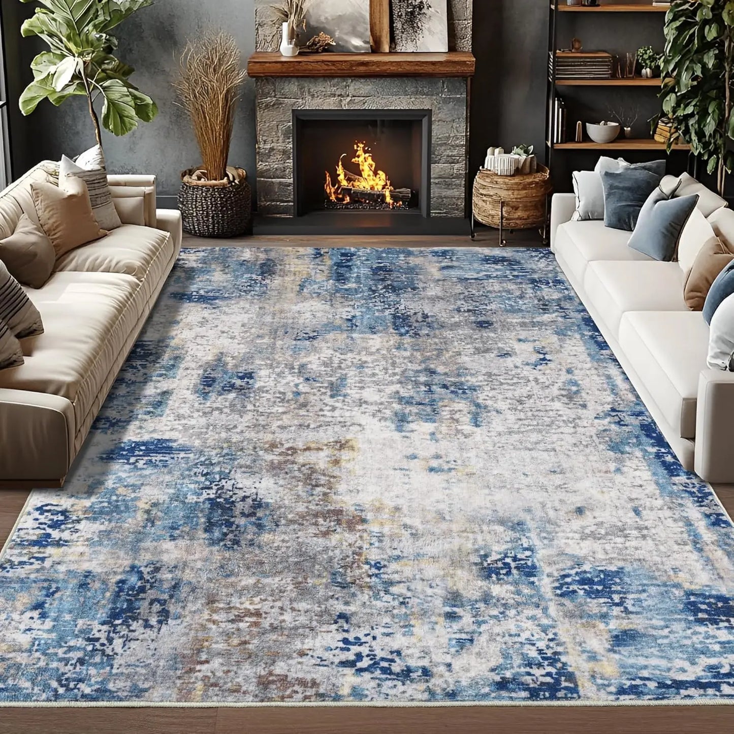 Noahas Living Room Area Rug Boho Modern Abstract Large Non Slip Machine Washable Low Pile Polyester Carpet