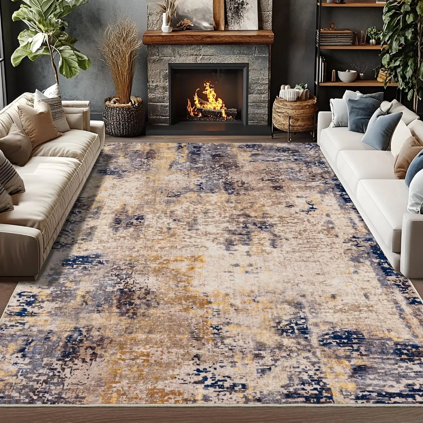 Noahas Living Room Area Rug Boho Modern Abstract Large Non Slip Machine Washable Low Pile Polyester Carpet