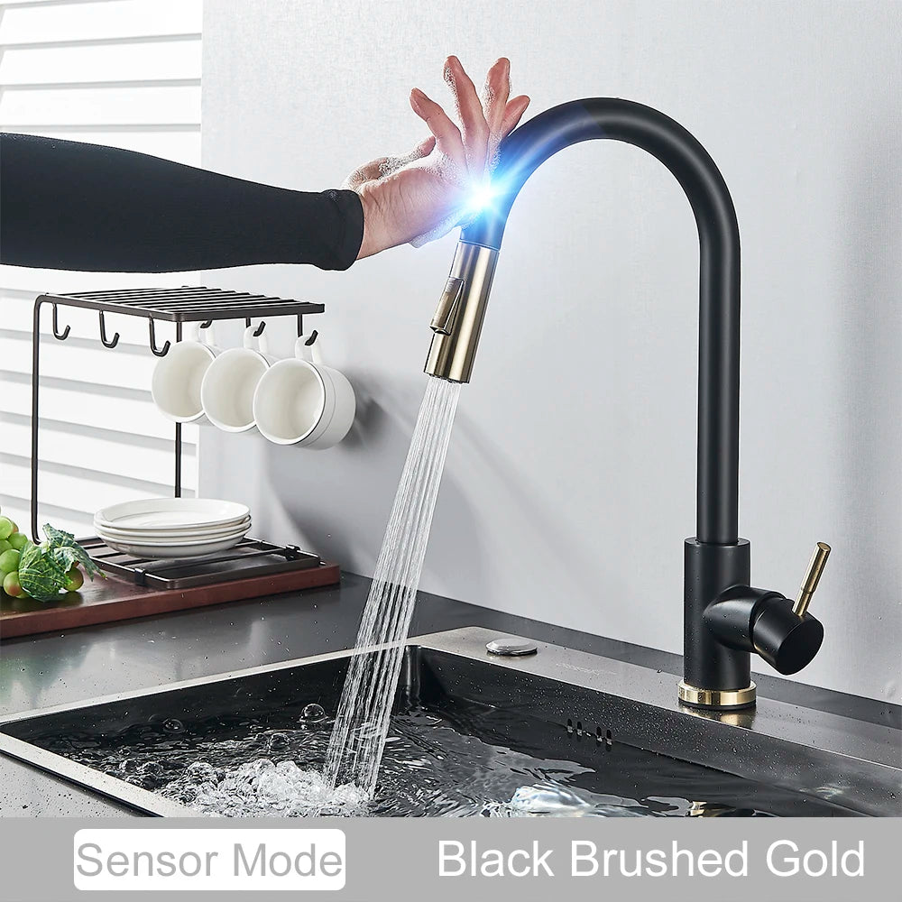 Black Pull Out Sensor Kitchen Faucet With Touch Control 2 Function Single Handle Mixer