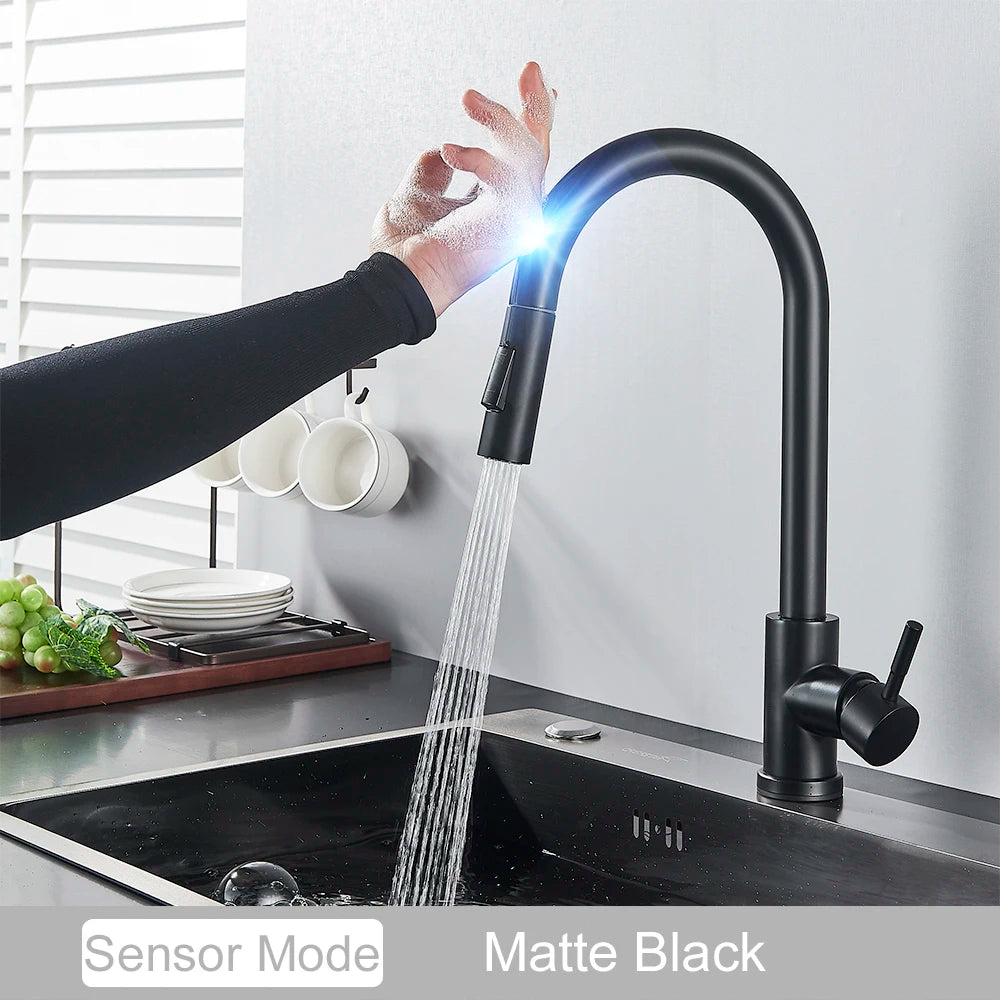 Black Pull Out Sensor Kitchen Faucet With Touch Control 2 Function Single Handle Mixer