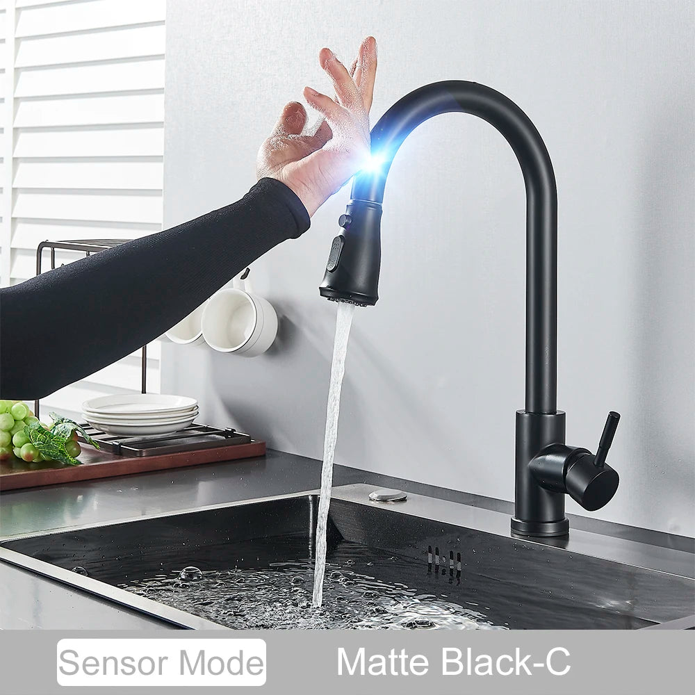 Black Pull Out Sensor Kitchen Faucet With Touch Control 2 Function Single Handle Mixer