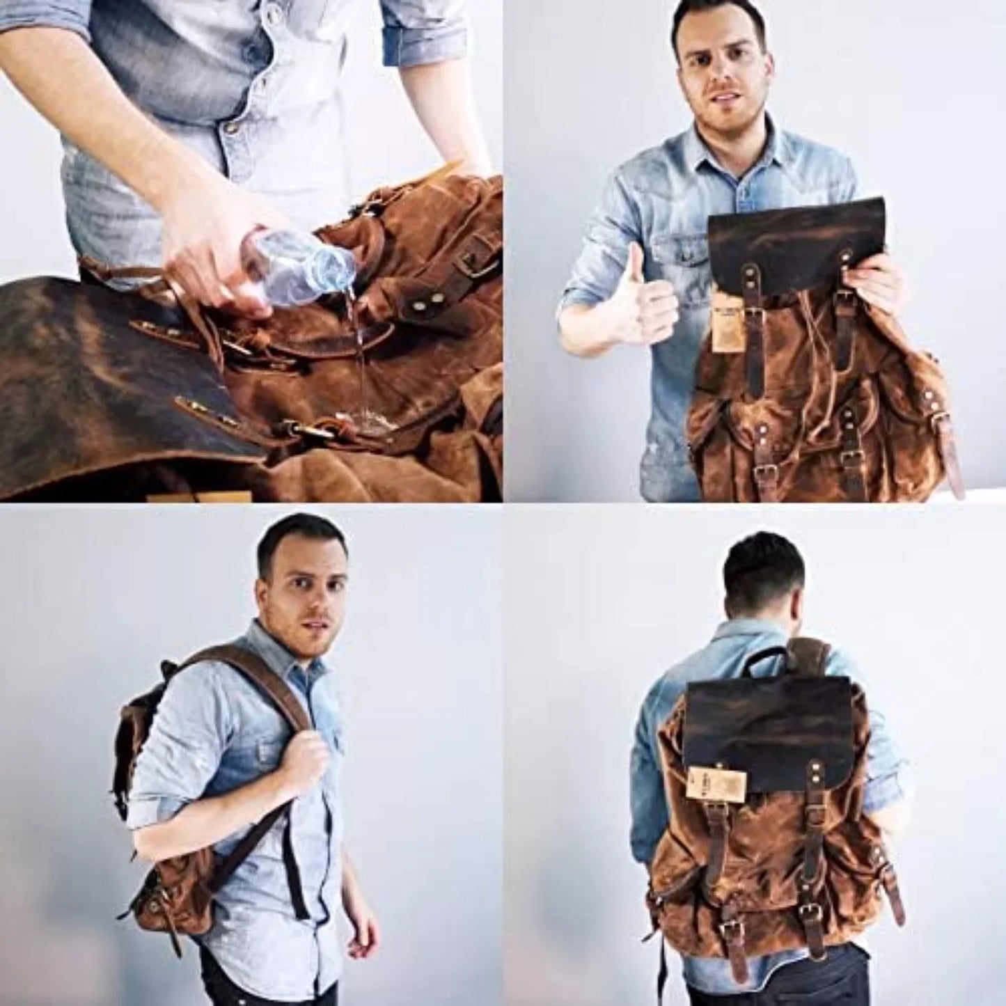 Wudon Leather Backpack Men Waxed Canvas Travel Rucksack