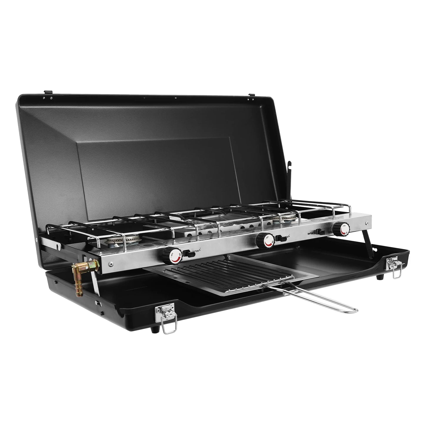 Portable Camping Stove With Griddle 3 Burner Propane Stove Windshield Folding