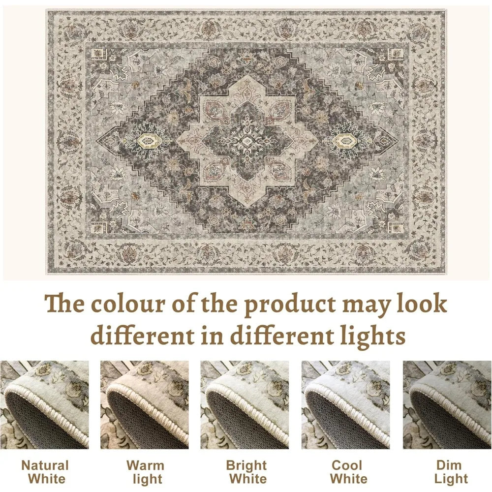 Vintage 8x10 Area Rug For Living Room Washable Indoor Non Slip Distressed Brown Grey Print Design