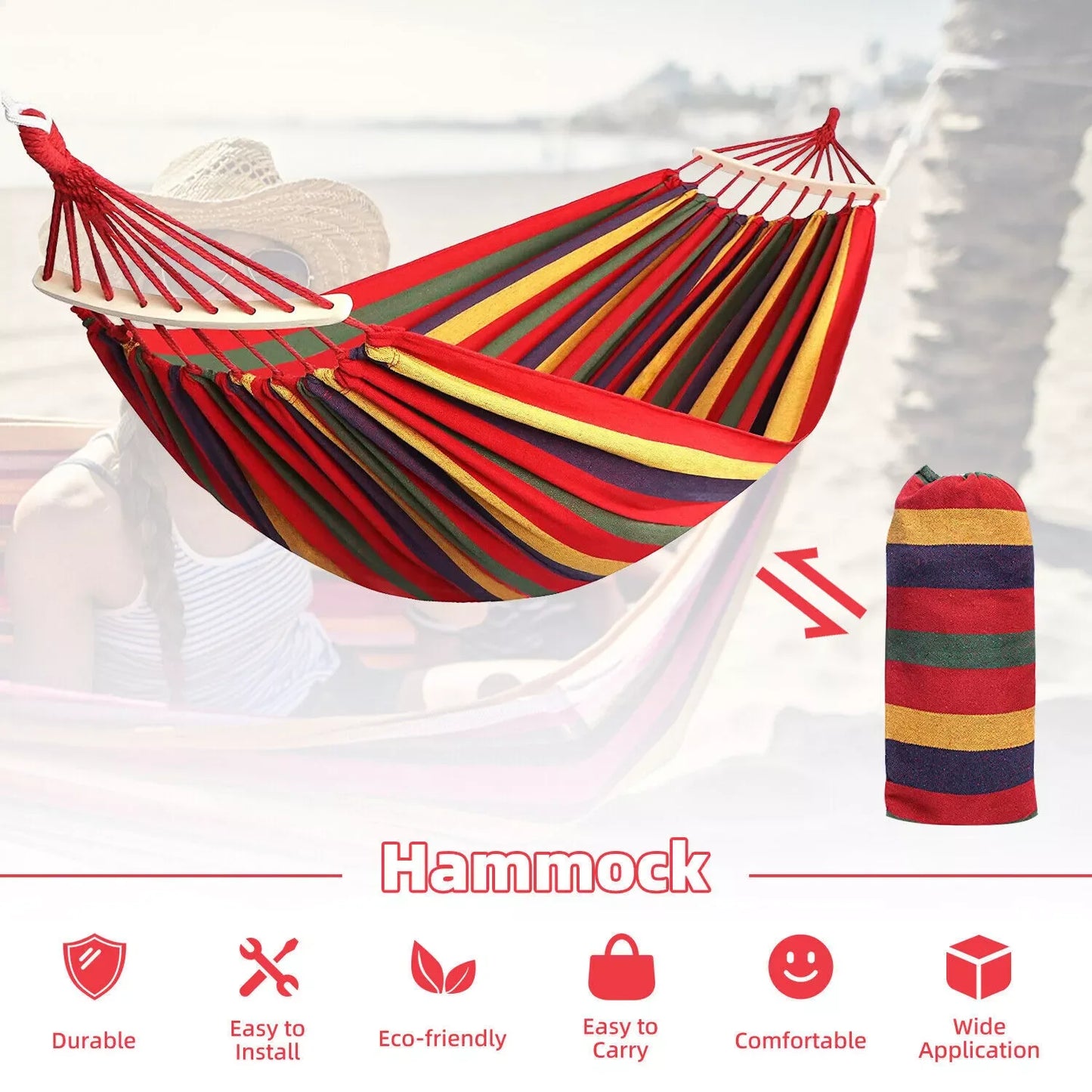 2 Person Double Camping Hammock Thickened Canvas Cotton Outdoor Bed Garden Patio