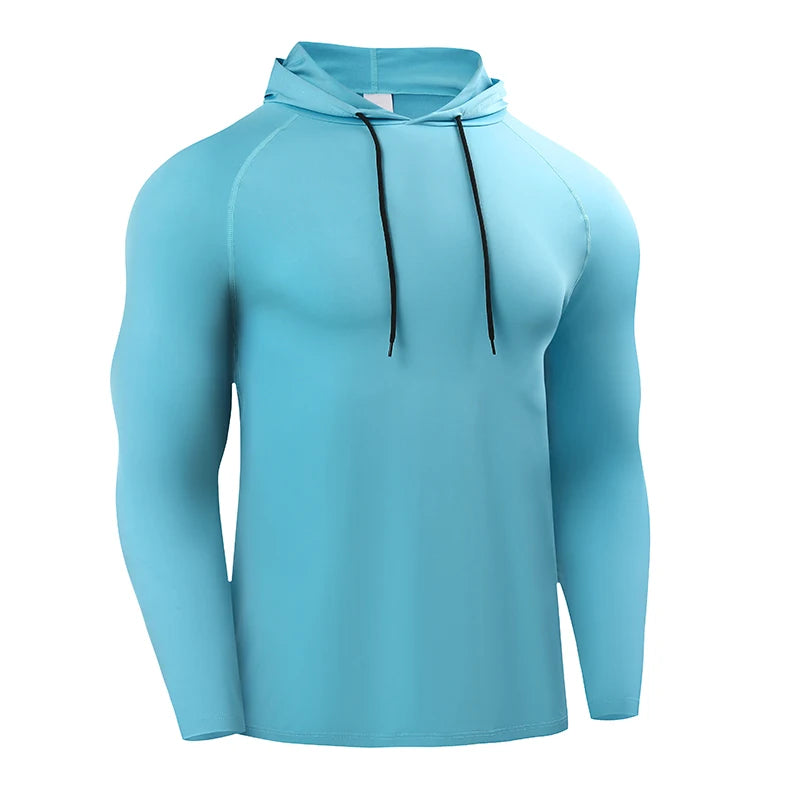 Mens Hooded Running Long Sleeve Shirt Elastic Jersey Gym Fitness Top