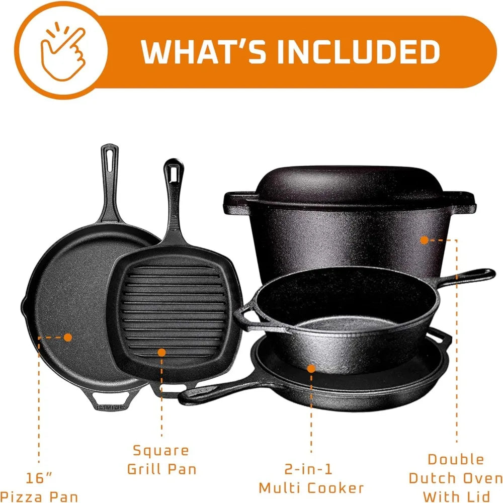 YTYIN Cast Iron Cookware Set With Skillet And Square Pan Lid For Camping