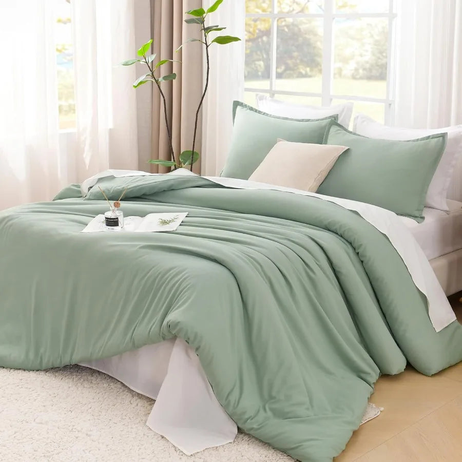 King Size Comforter Set Sage Green 3 Piece Down Alternative Quilt