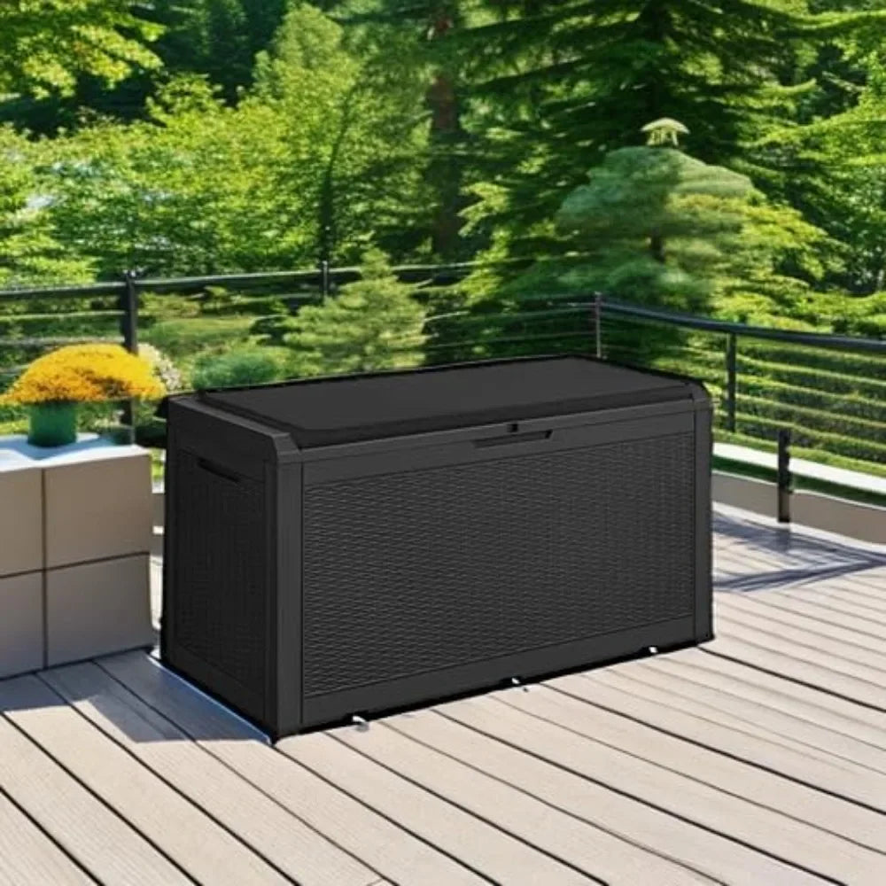 100 Gallon Waterproof Large Resin Deck Box Outdoor Storage Box Indoor Lockable Storage Container with Cushion for PatioFurniture