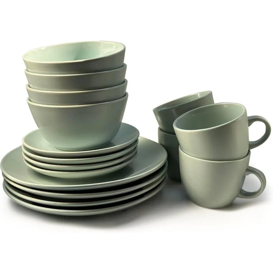 16-Piece Khakee Ceramic Dinner Set – Stoneware Plates, Bowls & Mugs – Modern Solid Colour Tableware for 4 – Microwave & Dishwash