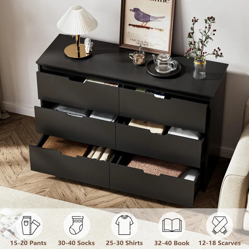 6 Drawer Black Dresser For Bedroom With Hidden Handles Modern Wood Design