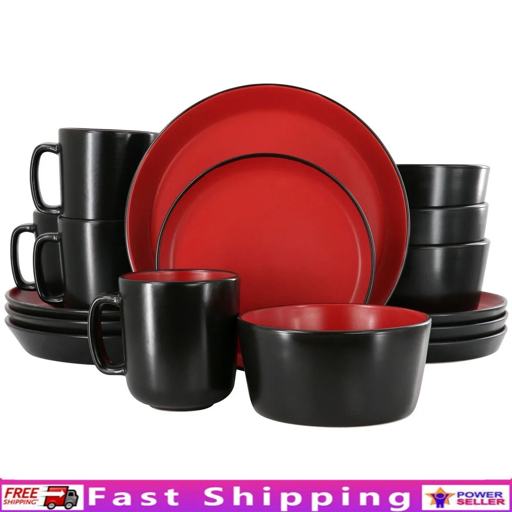 16 Piece Stoneware Dinnerware Set Service 4 Dishwasher Microwave Safe Round Plates Bowls Mugs Two Tone Design Solid Black Red