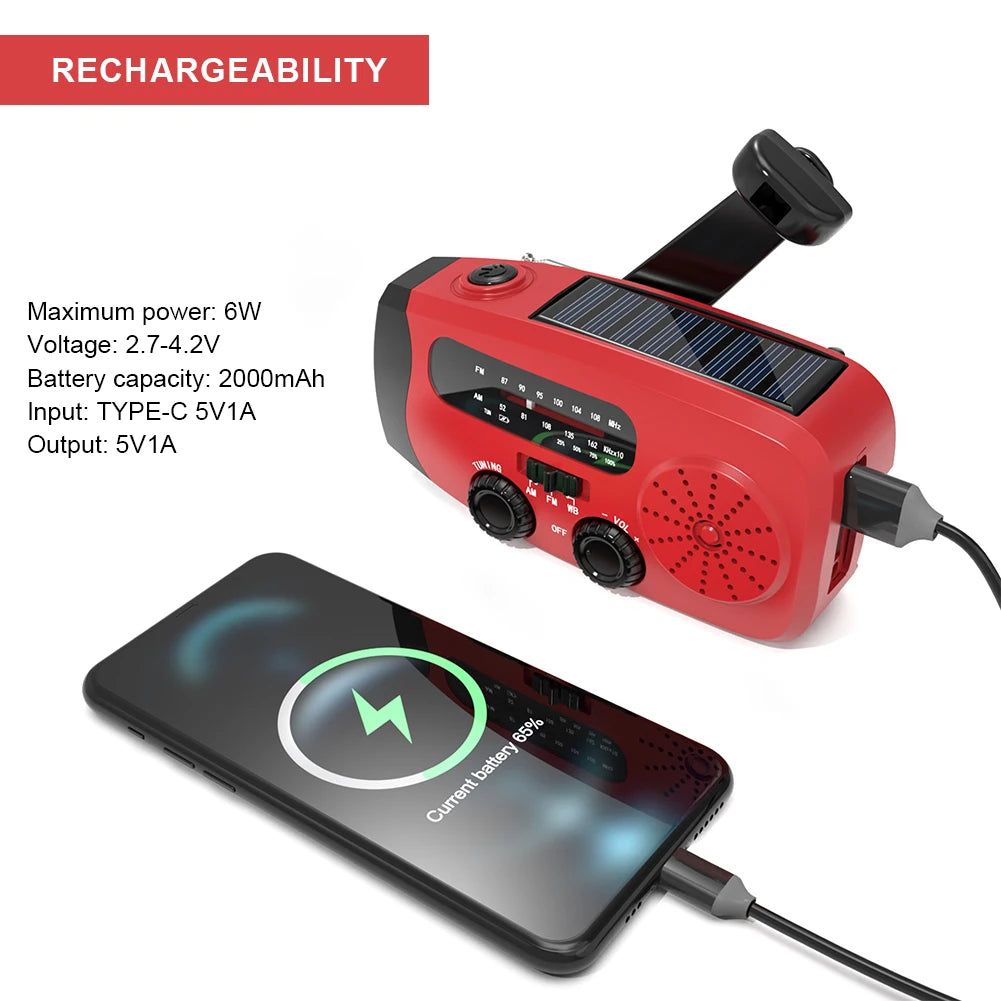 Portable Solar Hand Crank Radio With LED Lights USB Charger