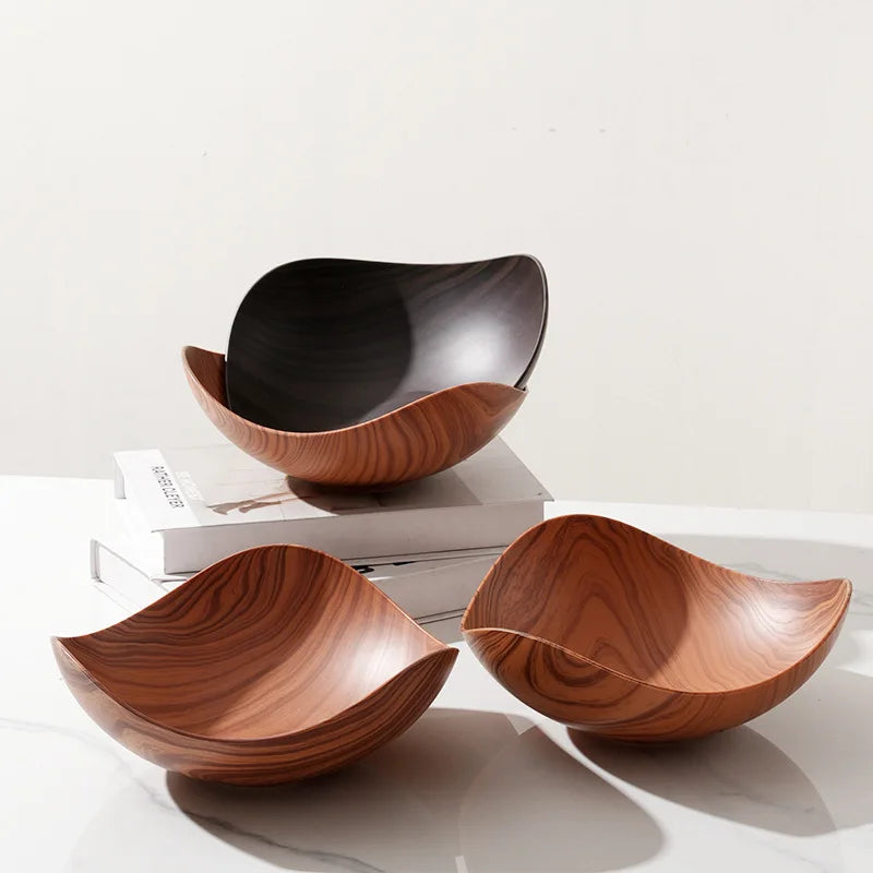 Plastic Dining Plate Fruit Tray Imitation Wood Grain For Snacks And Picnics