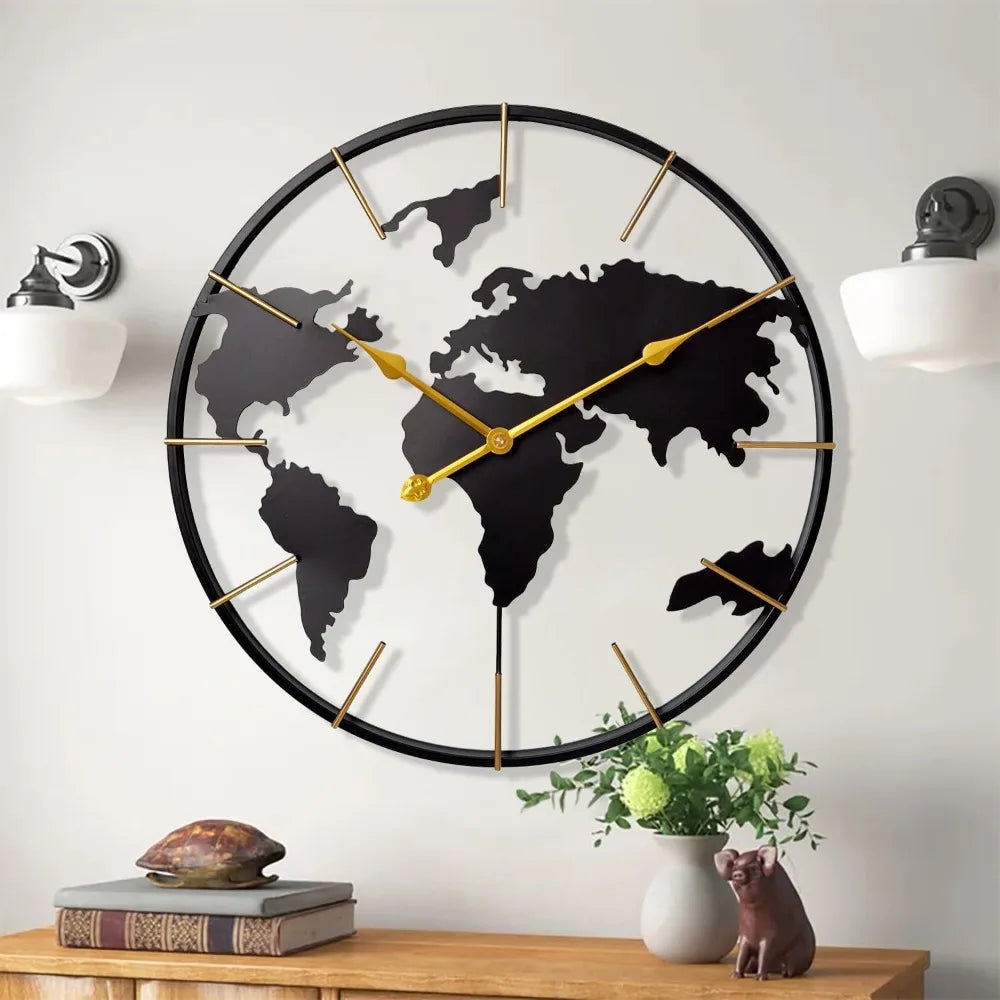 World Map Wall Clock Metal Minimalist Modern Round Silent Battery Operated