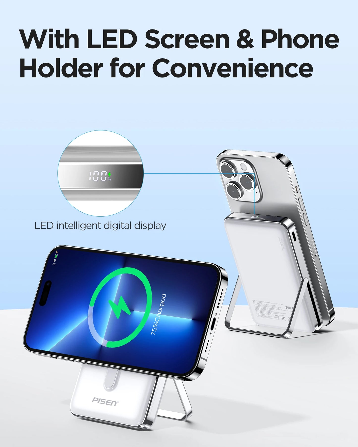 PISEN Magnetic Wireless Power Bank With Stand MagSafe Compatible 30W USB C